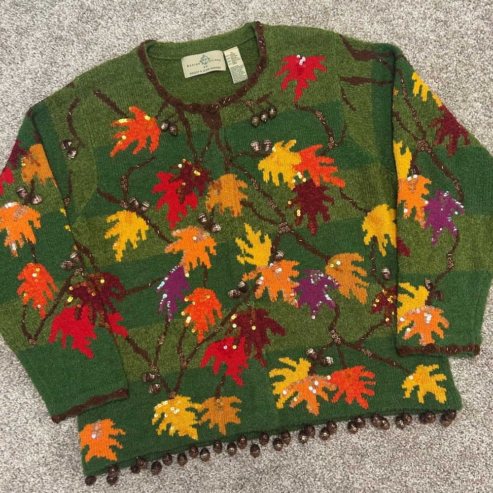 Design Options Women's XL Fall Leaves Sequin Beaded Novelty Vintage Sweater
